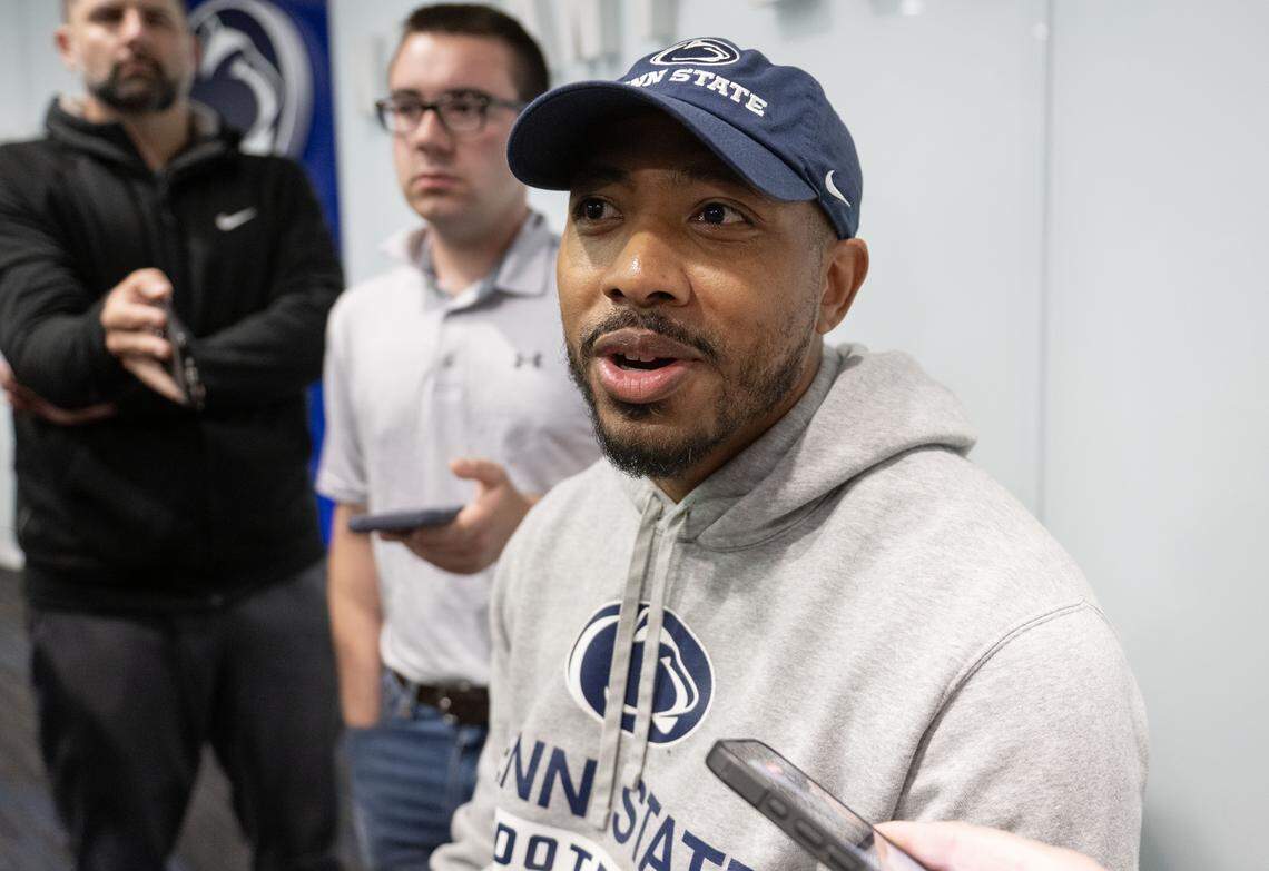 Penn State wide receivers coach Kashif Moore answers questions after a spring practice on Tuesday, April 21, 2026. 