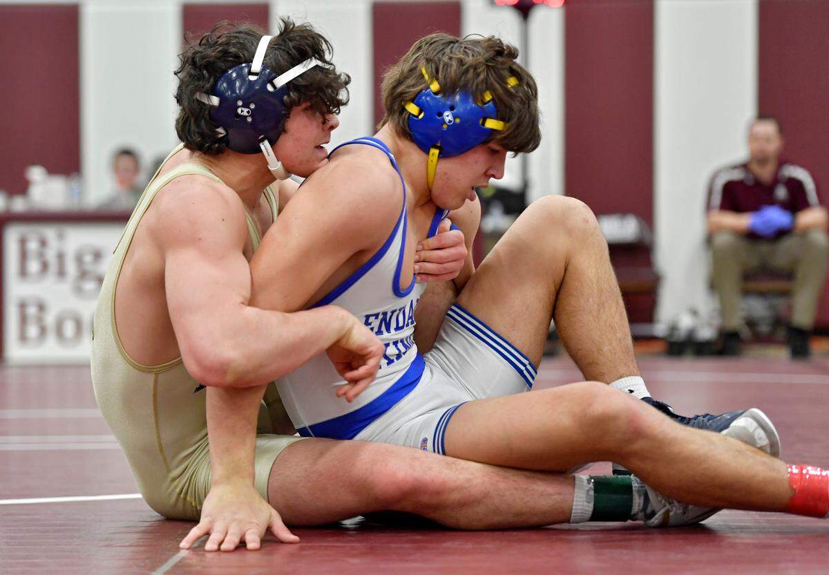 Bald Eagle AreaÕs Caleb Close wrestles GlendaleÕs Suds Dubler in the 172 lb championship bout of the District 6 2A tournament on Saturday, Feb. 19, 2022. Dubler won by fall.