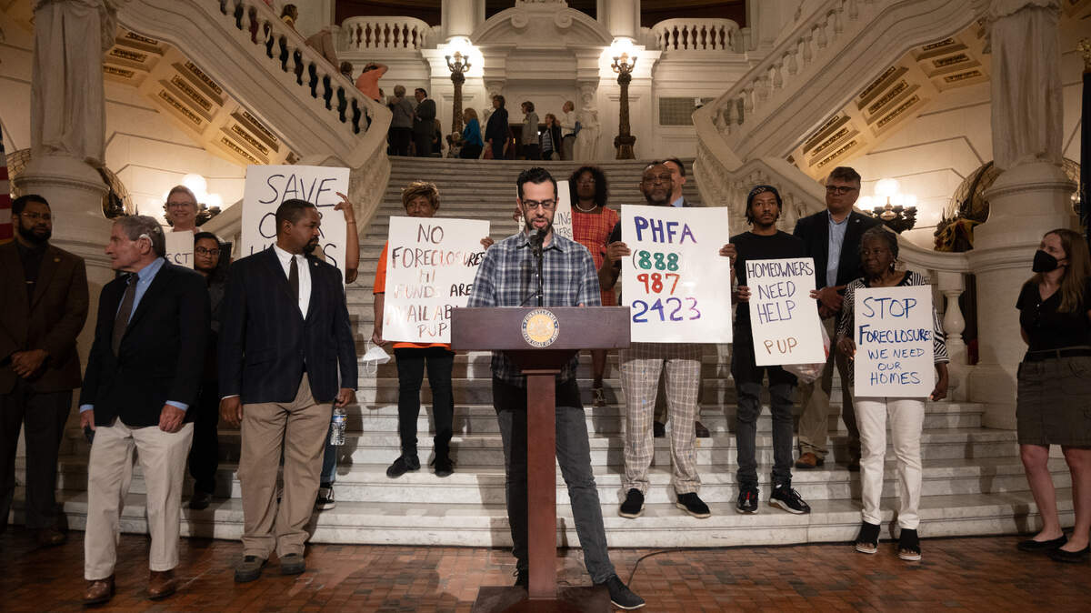 During an event at the state capitol, Adam Goldman, a housing counselor at the Philadelphia Unemployment Project, urged the state to do more to get financial assistance people who’ve applied to the state’s pandemic mortgage relief program.