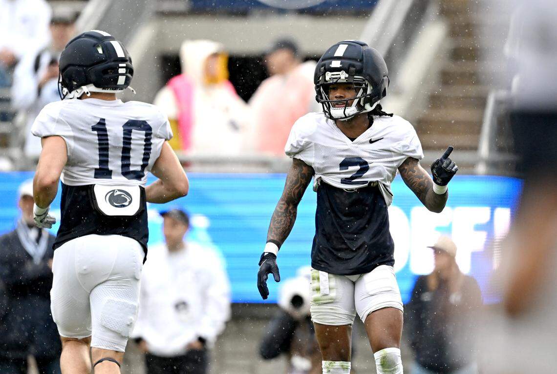Penn State cornerback Audavion Collins lines up for a play during the Blue-White Practice on Saturday, April 25, 2026.