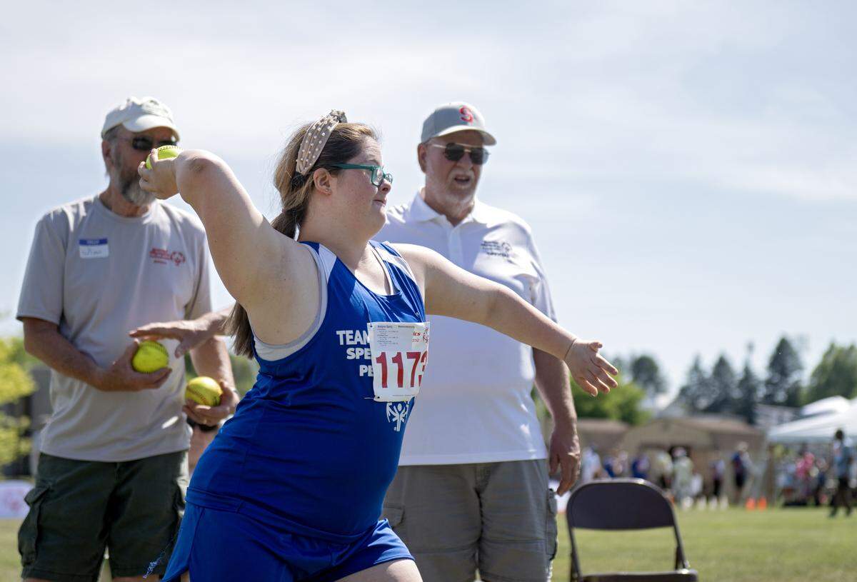 Aralynn Garry from Team Westmoreland competes in the softball throw at the 2026 Special Olympics Pennsylvania Summer Games on Thursday, June 4, 2026. 