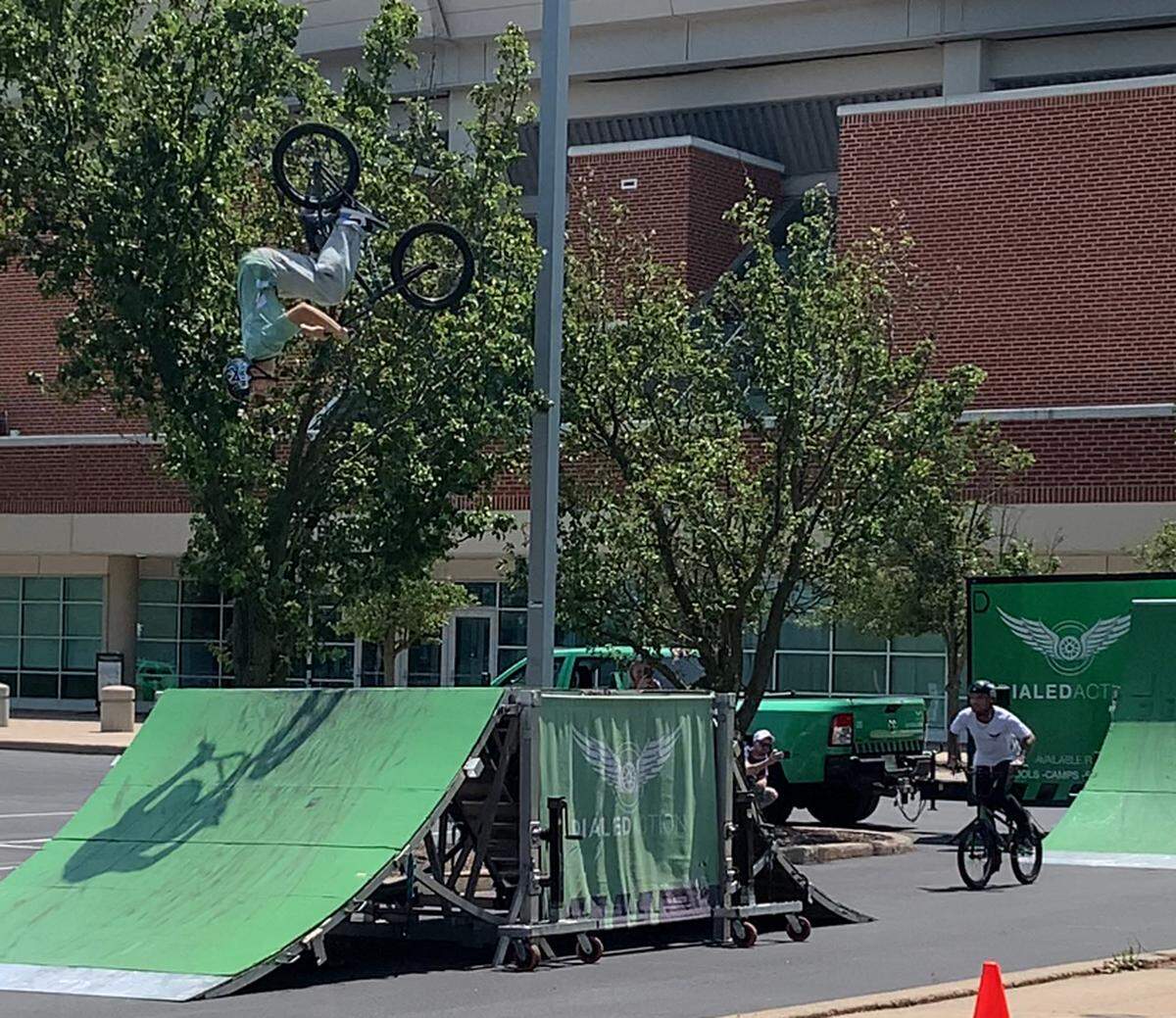 A stunt performer catches big air during Dialed Action Sports show at Central PA 4th Fest on Friday, July 4, 2025.