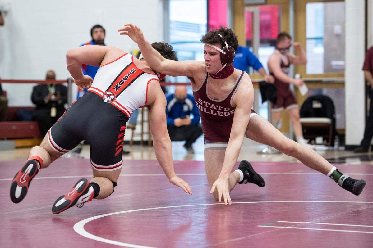 State College’s Ty Price wrestles Clearfield’s Mark Mcgonigal during the PIAA NW AAA Regional Wrestling Tournament at Altoona Area High School on Feb. 27, 2021 in Altoona, PA.