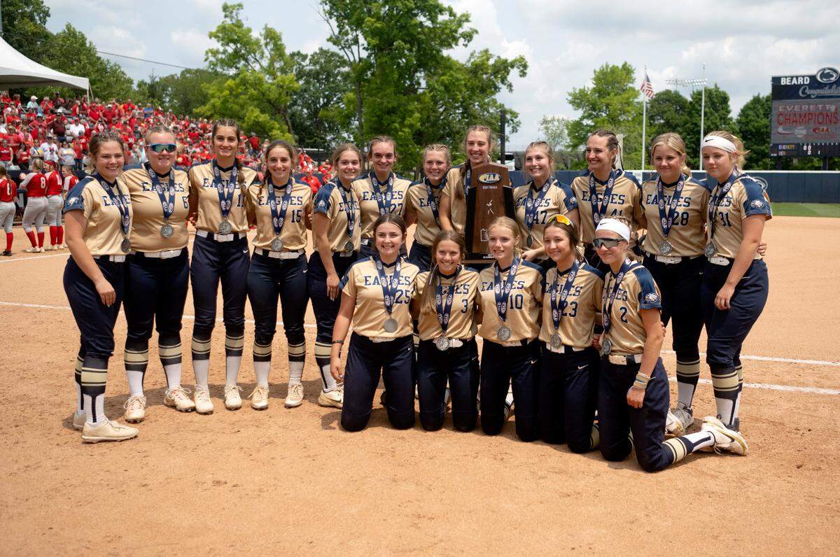 Bald Eagle Area softball poses with runner-up trophy after the 12-1 loss to Everett in PIAA Class 2A championship game at Beard Field on Thursday, June 15, 2023.