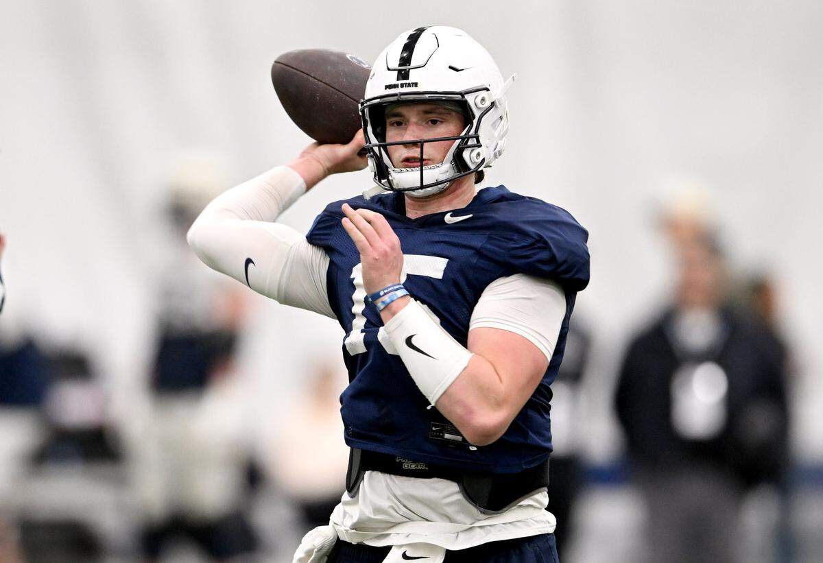Penn State quarterback Drew Allar makes a pass during spring practice on Tuesday, April 8, 2025.