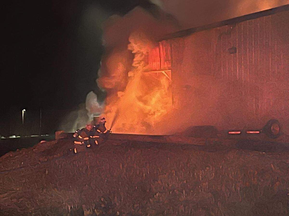 Fire crews responded to a commercial building fire at Advanced Powder Products in Rush Township early Wednesday, Feb. 1, 2022.