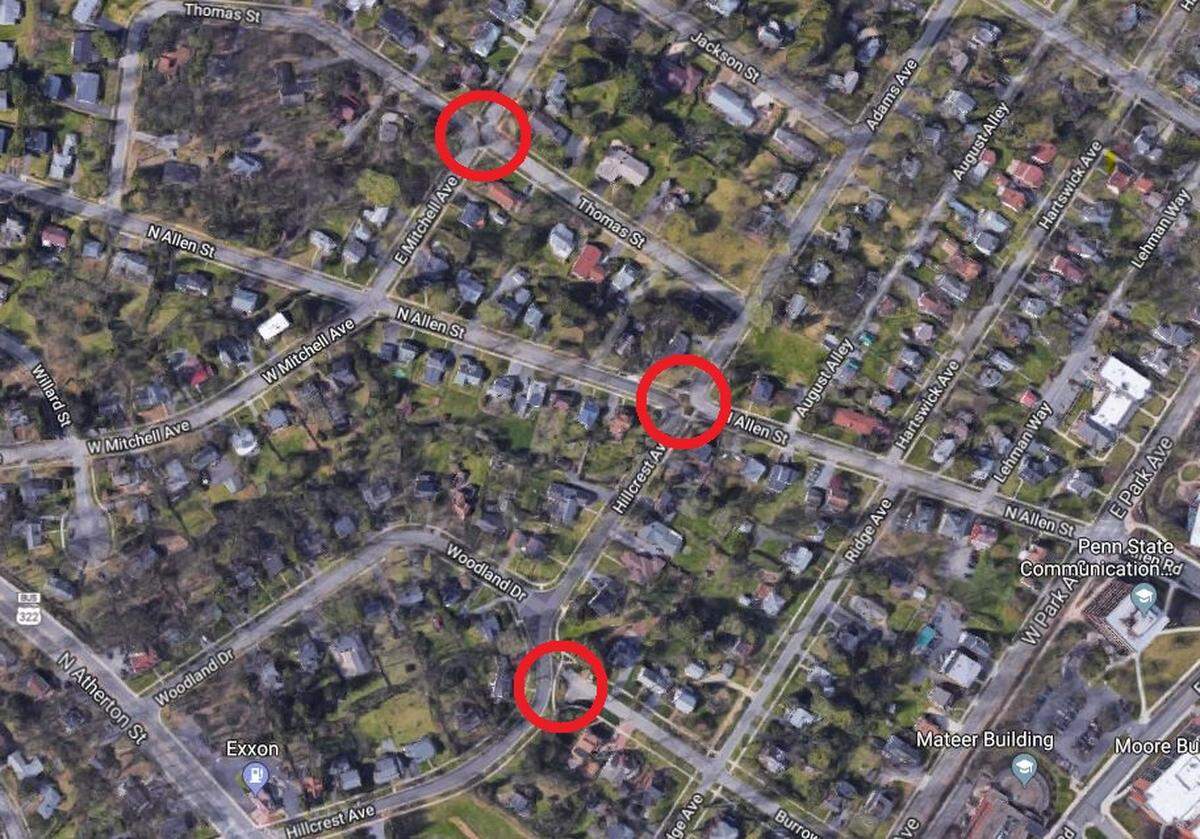 This screenshot from Google Maps shows the locations of the three diverters in the College Heights neighborhood.