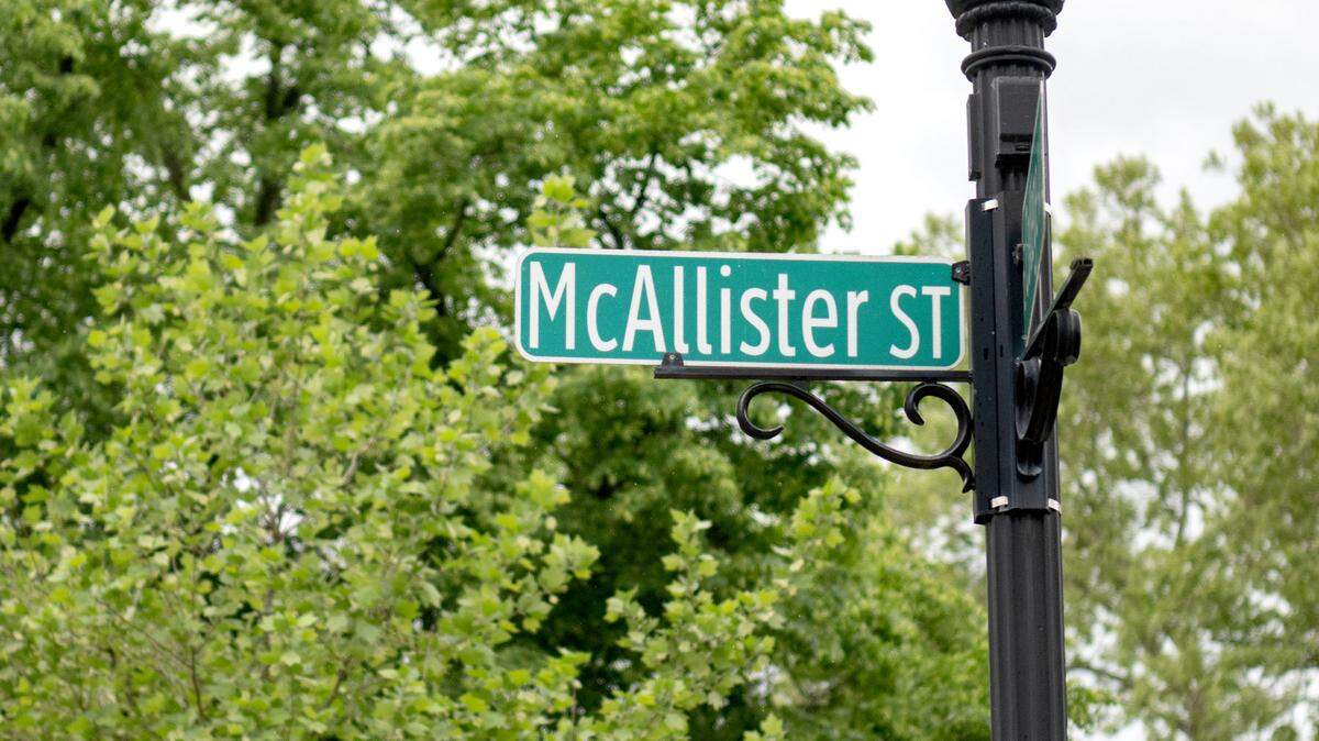 A street sign for McAllister Street in downton State College on May 9, 2024. 
