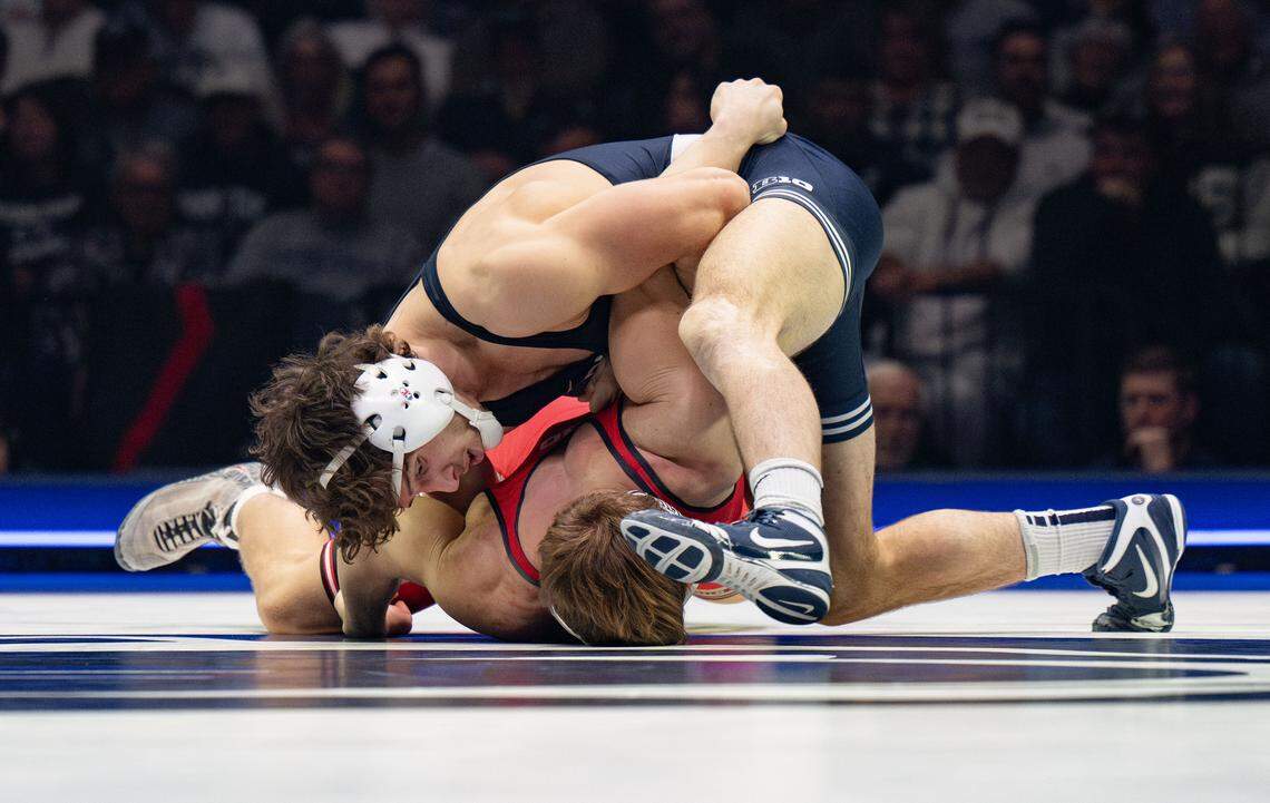Penn State's Levi Haines controls Ohio State’s TJ Schierl in the 174 lb bout of the match on Friday, Feb. 13, 2026 at the Bryce Jordan Center.