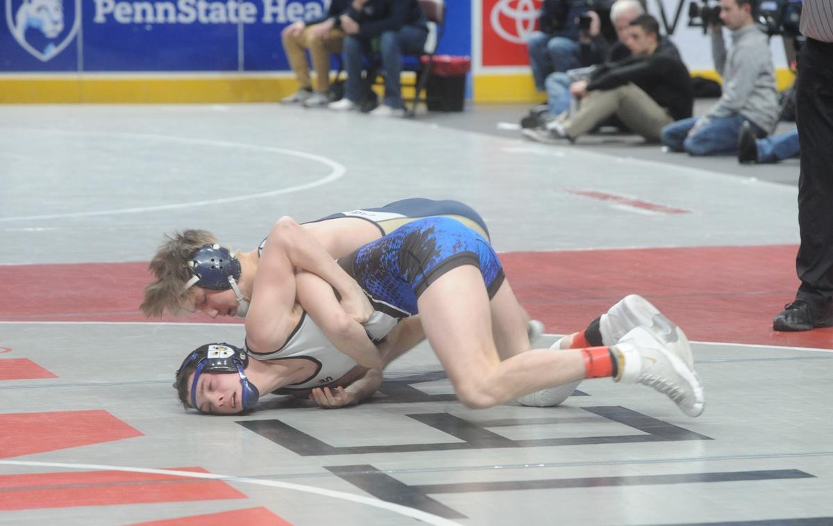Bald Eagle Area’s Coen Bainey controls Conwell-Egan’s Steven Harris in their 127-pound first round match of the PIAA Class 2A Championships on Thursday, March 9, 2023 at the Giant Center in Herhsey. Bainey snuck by Harris, 5-4.