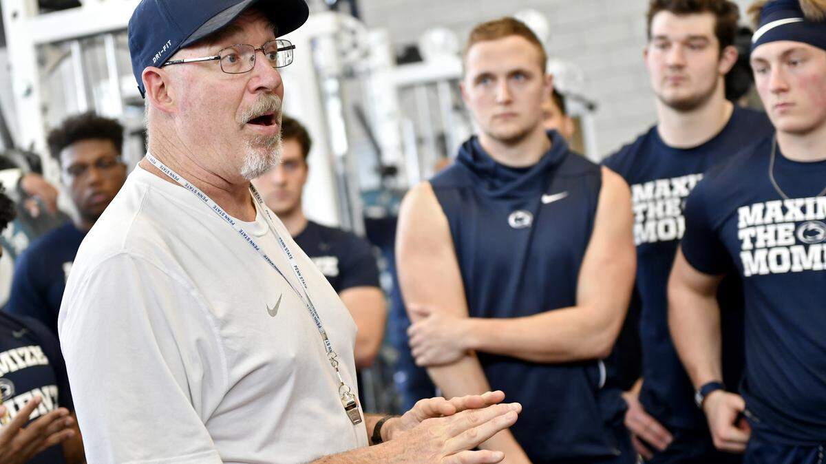 Penn State strength coach Dwight Galt III talks to the football players after session on Thursday, Feb 28, 2019.