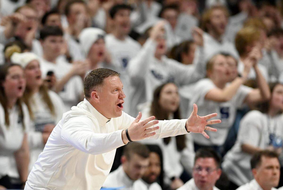 Penn State men’s basketball coach Mike Rhoades yells to his players during the game against Purdue on Thursday, Dec. 5, 2024.