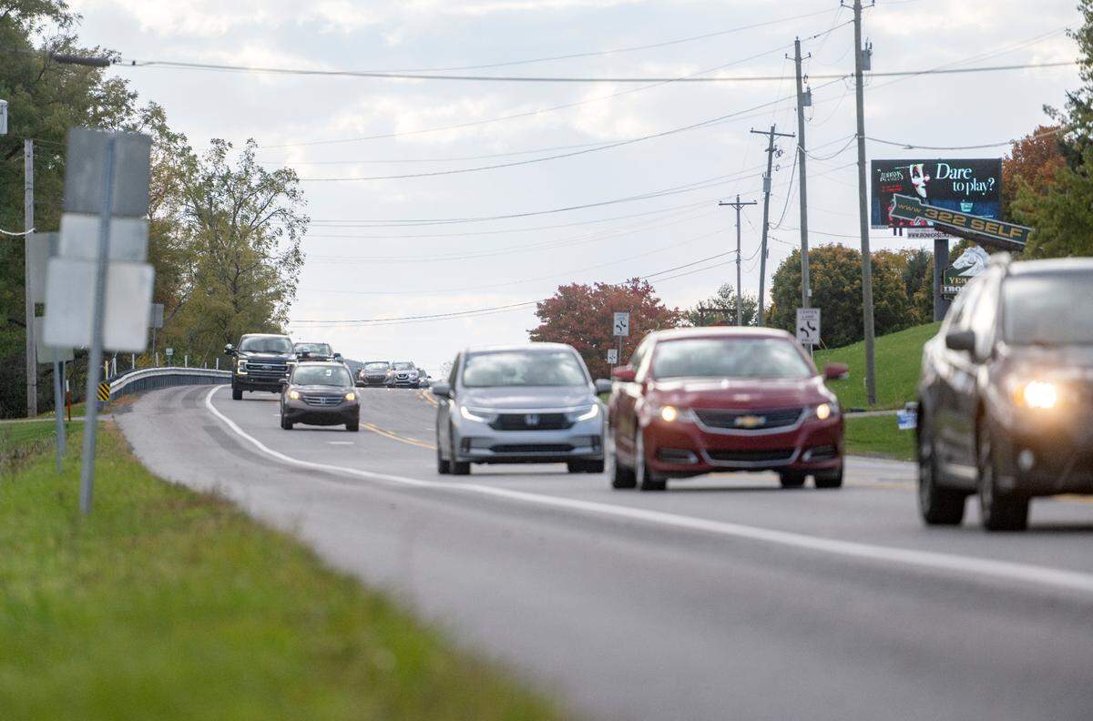 Traffic travels on Route 322 on Friday, Oct. 14, 2022.
