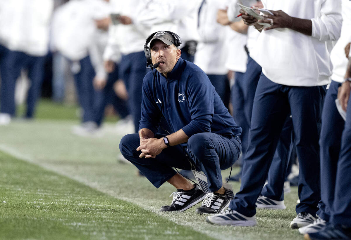 Penn State football coach Matt Campbell watches as they go for it on fourth down during the first quarter of the game against USC on Saturday, Oct. 10, 2026.