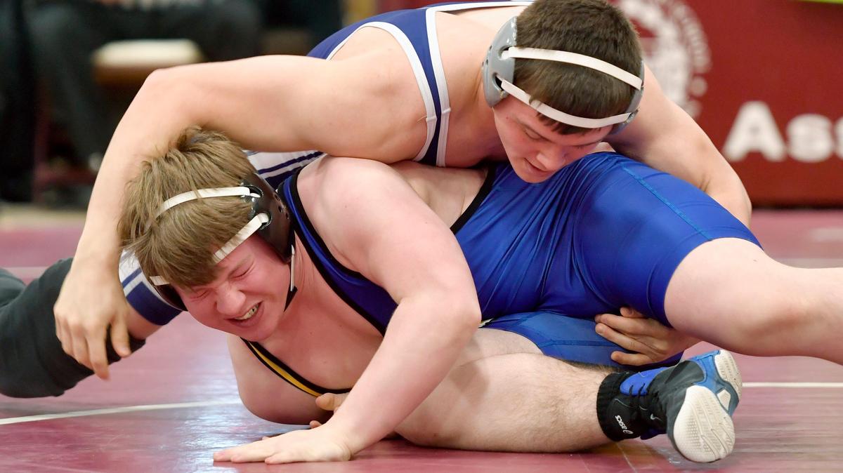Penns Valley’s Andrew Sharer controls Bellwood-Antis’ Zach Cunningham in a 182 lb bout during the District 6 2A tournament on Friday, Feb. 14, 2020.