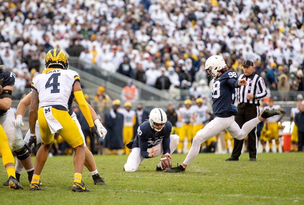 Penn State kicker Jordan Stout kicks a field goal during the game against Michigan on Saturday, Nov. 13, 2021.