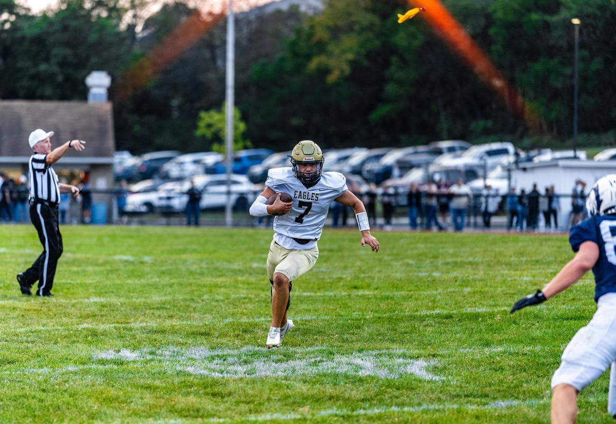 Quarterback Kaleb Irion (7) scrambles during a Friday night football game between Bald Eagle Area and Penns Valley in Spring Mills, Pa., Friday, Sep. 5, 2025. The Eagles beat the Rams 21-0.