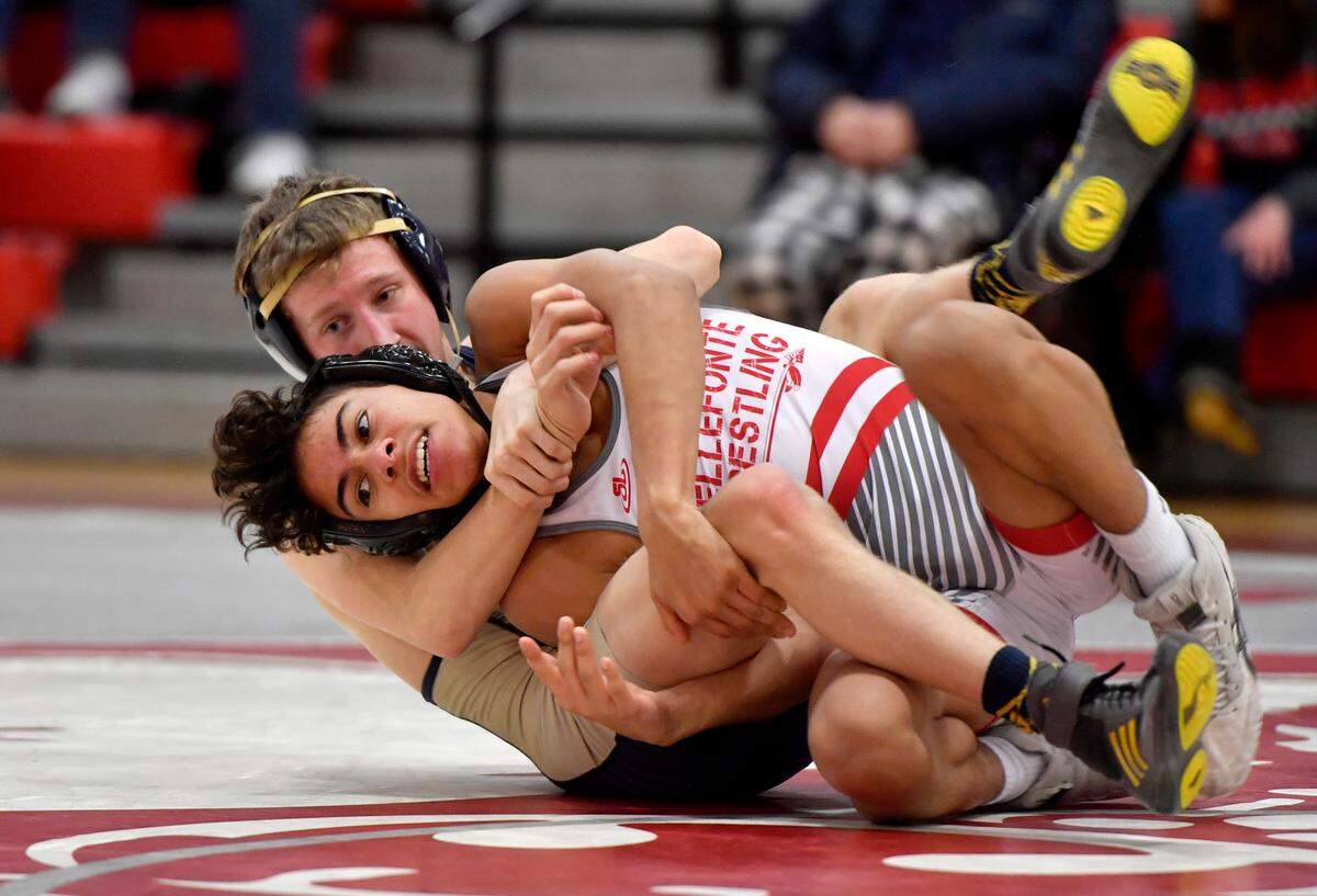 Bald Eagle Area’s Lucas Fye controls Bellefonte’s Garret Choates in the 120 lb bout of the match on Tuesday, Dec. 14, 2021. Fye won by fall at 5:13.