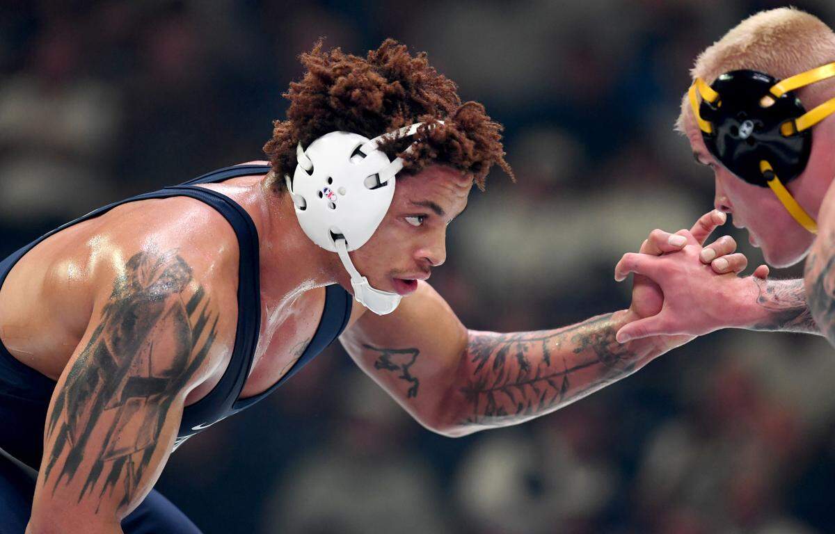 Penn State’s Greg Kerkvliet wrestles Iowa’s Ben Kueter in the 285 lb bout of the match on Friday, Jan. 31, 2025 at the Bryce Jordan Center. Kerkvliet won by major decision, 12-2.