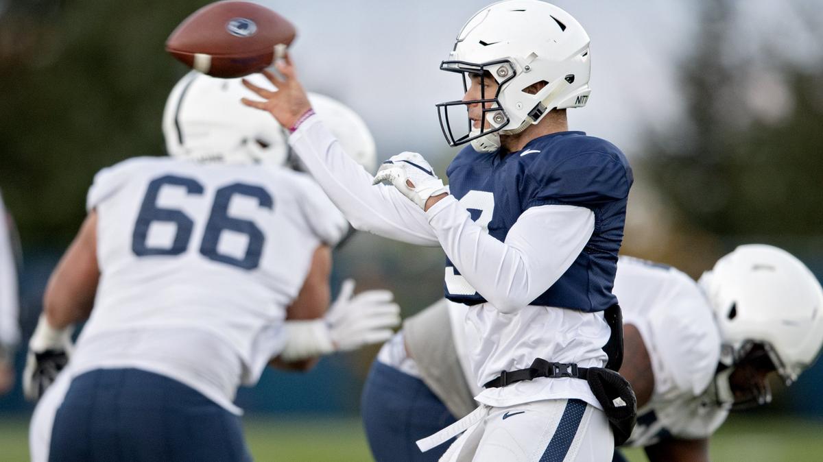 Penn State quarterback Trace McSorley makes a pass during practice on Wednesday, Oct. 17, 2018.