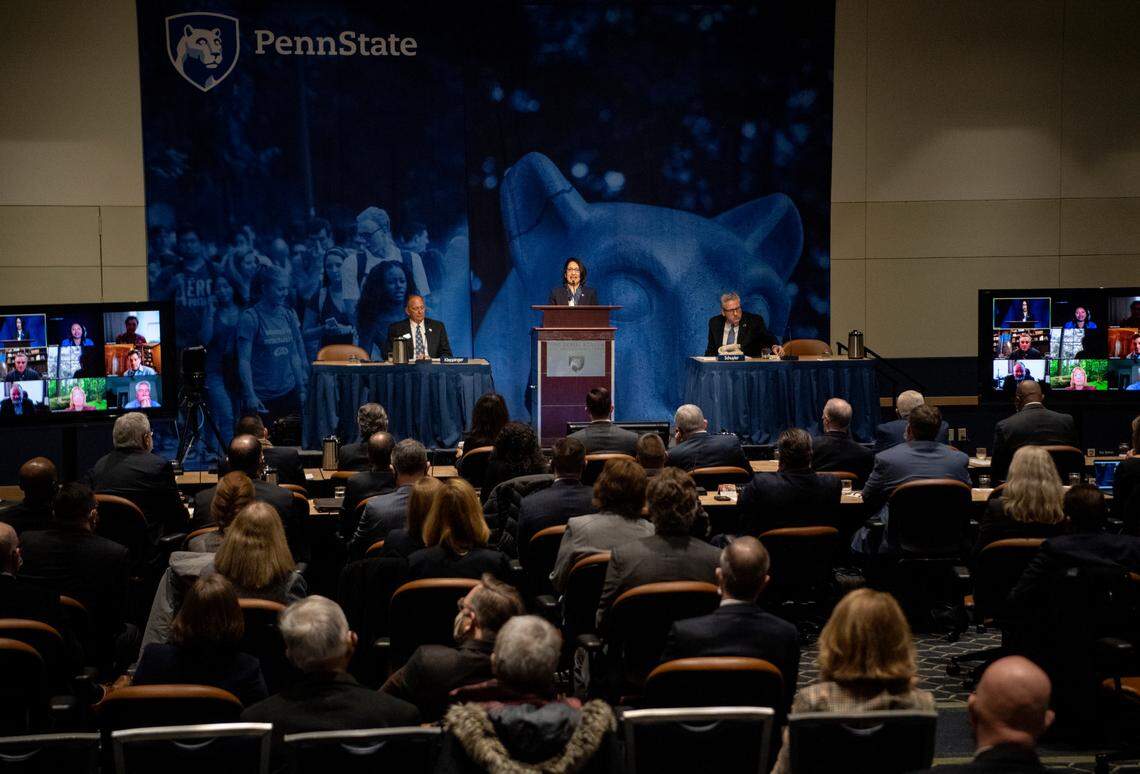Neeli Bendapudi is introduced by the board of trustees Thursday as the new Penn State president.