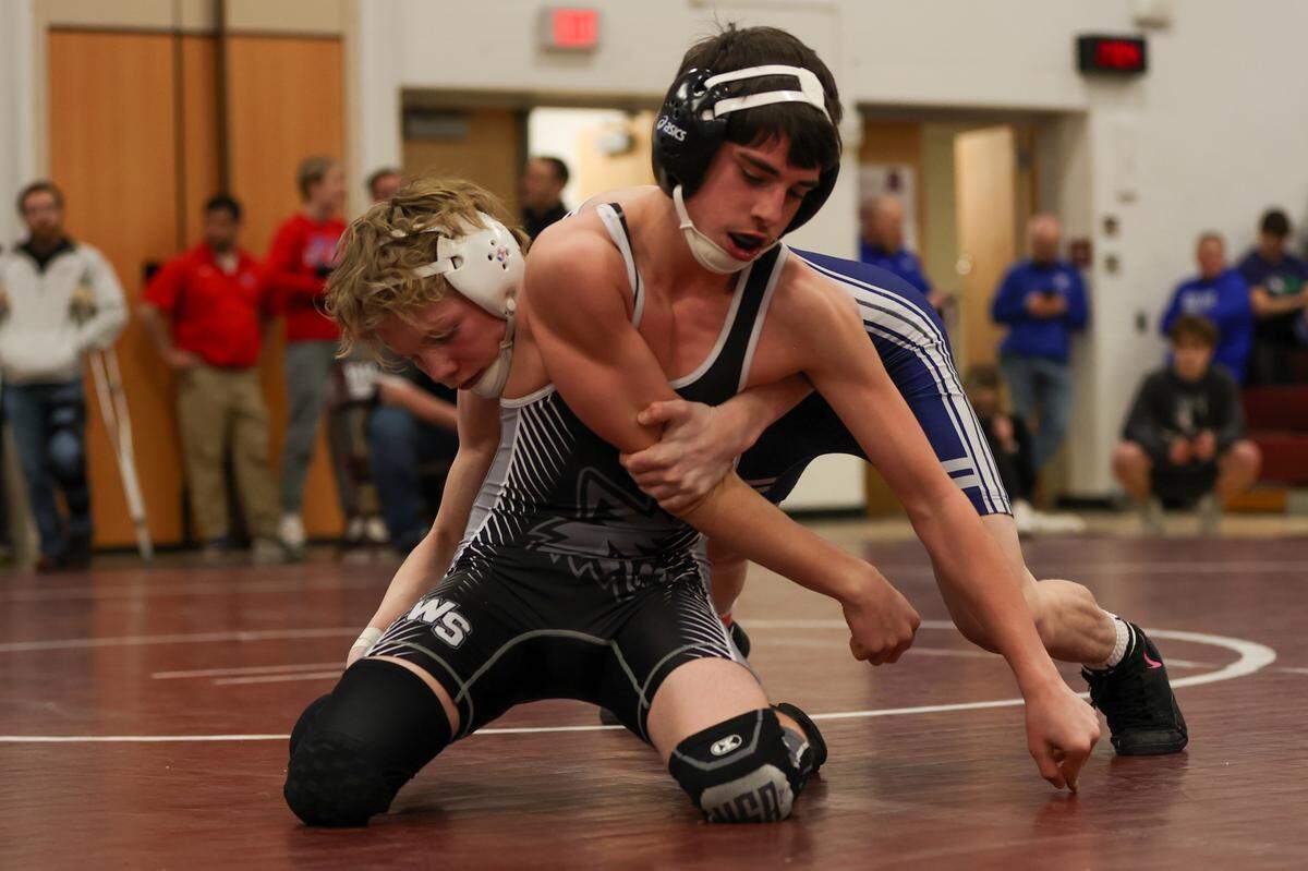 Penns Valley’s Max Dinges controls West Shamokin’s Kolton McKain in their 107-pound second round match of the District 6 Class 2A Championships on Friday in Altoona. Dinges pinned McKain in 47 seconds.