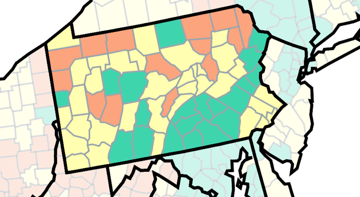 This map of Pennsylvania from the U.S. Centers for Disease and Prevention shows COVID-19 community levels by county as of Sept. 16, 2022. Counties that are orange are at high, yellow are at medium and green are at low.