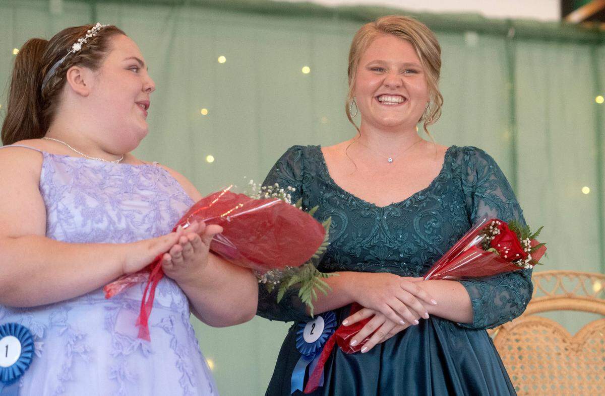 Teaghan Bair reacts to being named the 2023 Centre County Grange Fair Queen during coronation on Wednesday, Aug. 16, 2023.