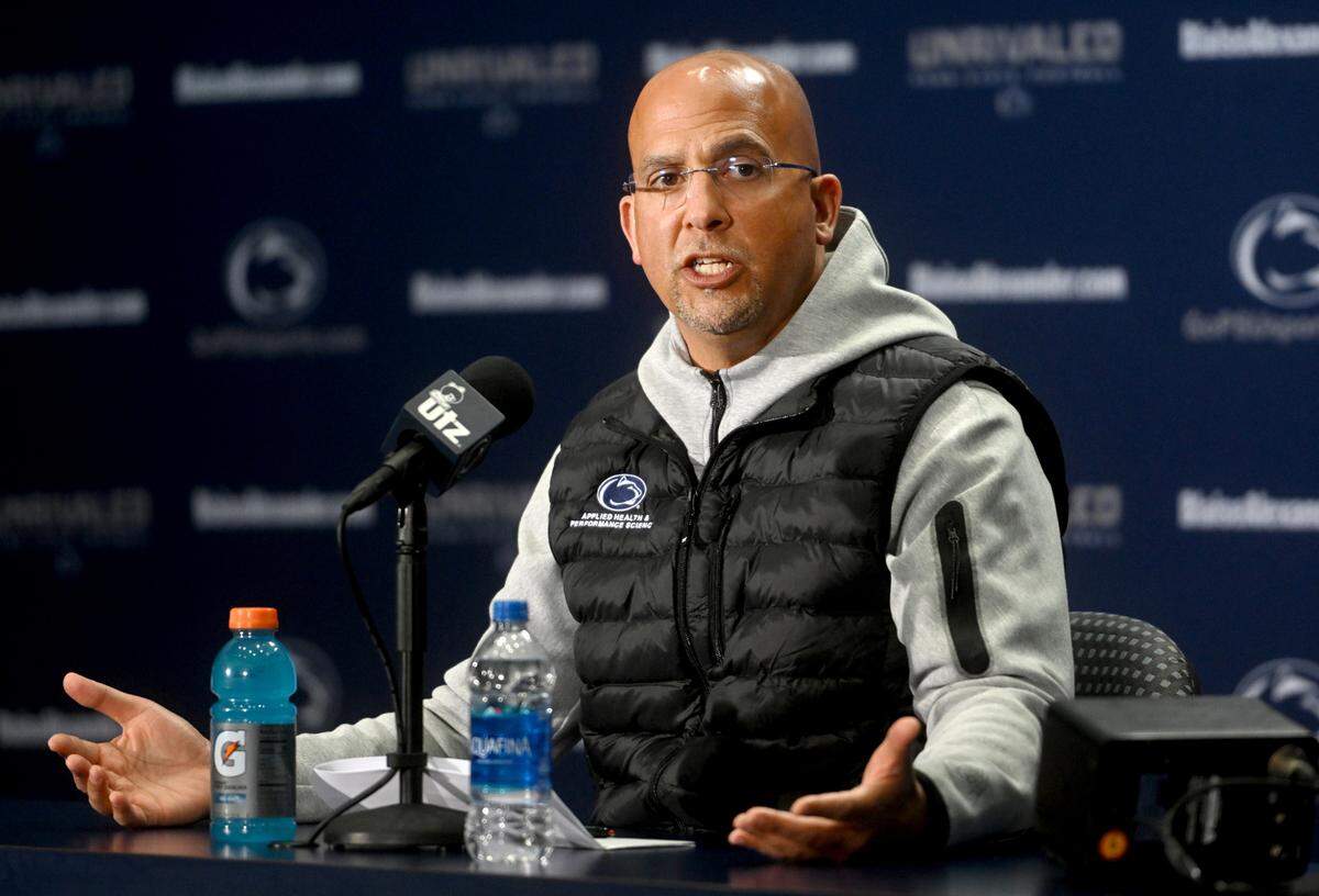 Penn State football coach James Franklin answers questions during the opening press conference for spring ball on Tuesday, March 14, 2023.
