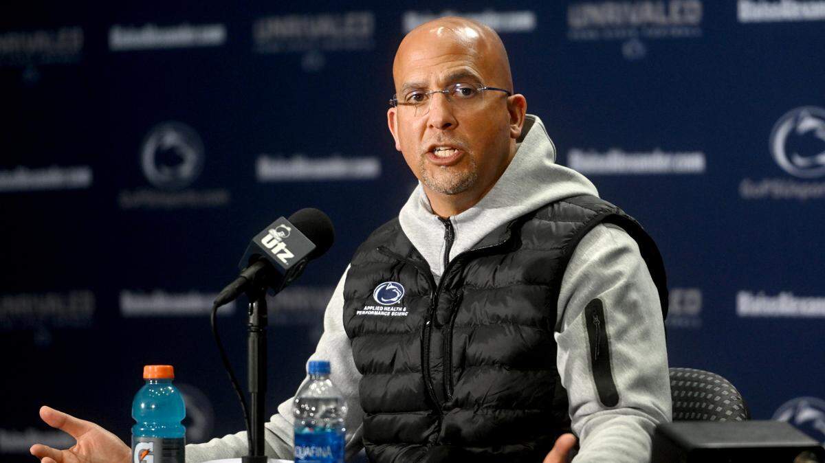 Penn State football coach James Franklin answers questions during the opening press conference for spring ball on Tuesday, March 14, 2023.