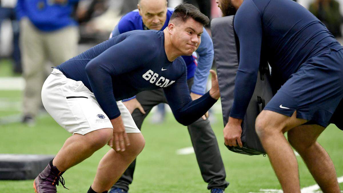 Offensive lineman Connor McGovern runs a drill during Pro day on Tuesday, March 19, 2019 at Holuba Hall.