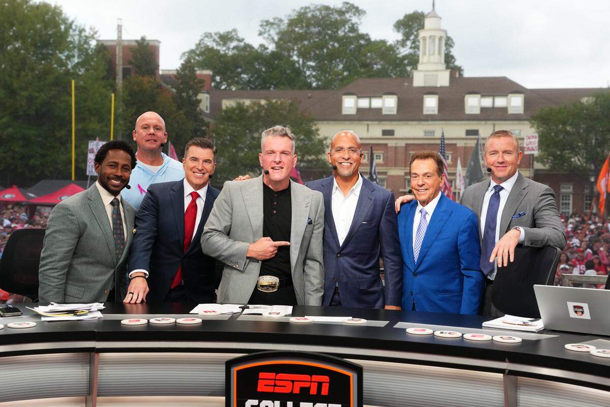 From left, Desmond Howard, Steve Coughlin “Stanford Steve”, Rece Davis, Pat McAfee, James Franklin, Nick Saban, and Kirk Herbstreit on the set of ESPN’s College GameDay on Saturday, Oct. 18, 2025, in Athens, Georgia, ahead of the Ole Miss-Georgia game.