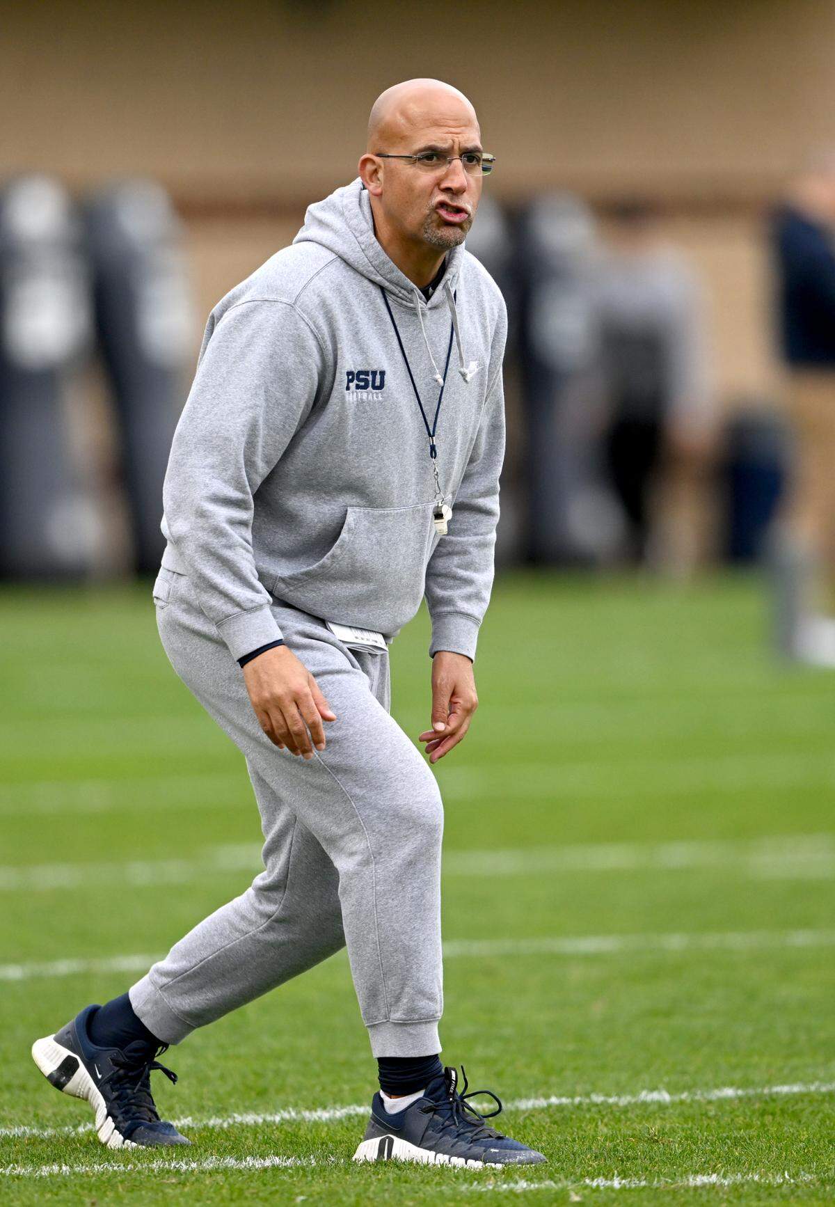 Penn State football coach James Franklin instructs a wide receiver during practice on Wednesday, Oct. 18, 2023.