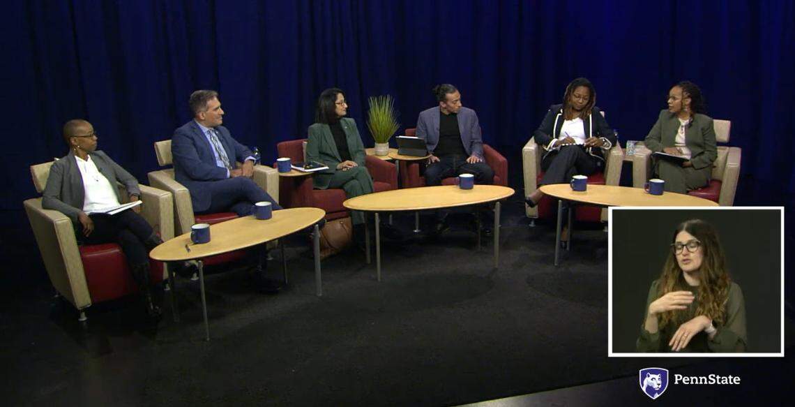 A faculty senate-led town hall was held Friday afternoon on WPSU and included, from left: Jennifer Hamer, special adviser for institutional equity; Justin Schwartz, interim executive vice president and provost; university President Neeli Bendapudi; Julio Palma, assistant professor of chemistry (Penn State Fayette); Marinda Harrell-Levy, associate professor of human development and family studies (Penn State Brandywine); and Kristin Thomas, assistant teaching professor of recreation, parks, and tourism management (Penn State University Park).