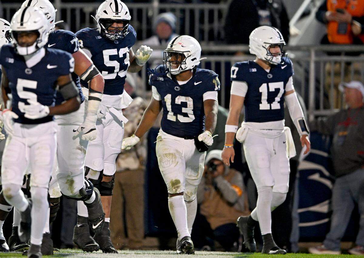 Penn State running back Kaytron Allen celebrates his touchdown during the game against Nebraska on Saturday, Nov. 22, 2025 at Beaver Stadium.
