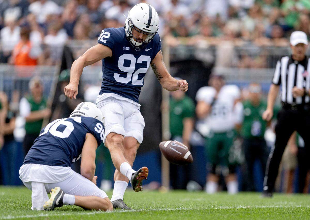 Penn State kicker Jake Pinegar kicks for the extra point during the game against Ohio on Saturday, Sept. 10, 2022.