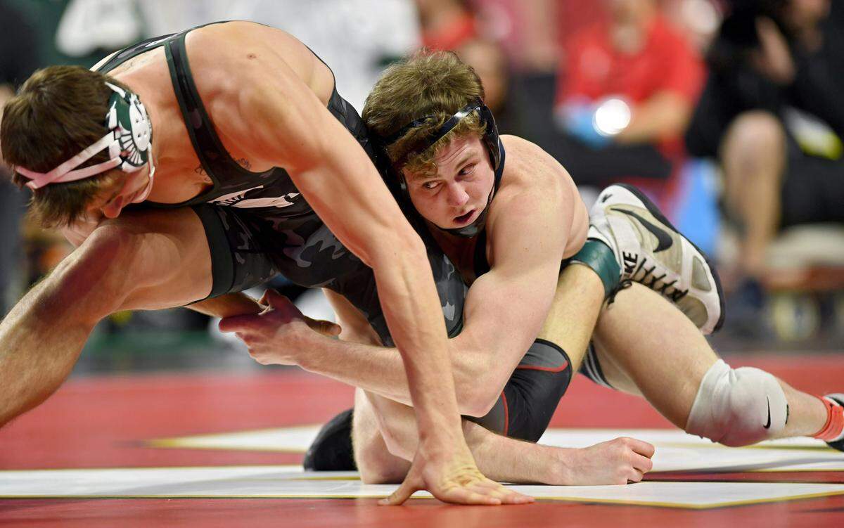 Penn State’s Bernie Truax controls Michigan State’s Layne Malczewski in a 184 lb quarterfinal match of the Big Ten Wresting Championships at the Xfinity Center at the University of Maryland on Saturday, March 9, 2024.