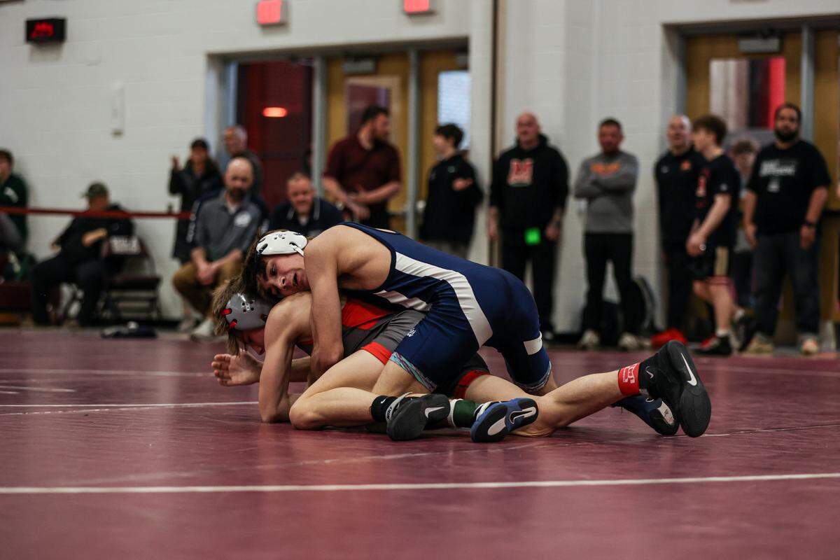 Philipsburg-Osceola’s Caleb Hummel controls Central’s Carsen Mowery in their 114-pound consolation finals match of the District 6 Class 2A Championships on Saturday in Altoona. Hummel pinned Mowery in 1:47 to finish third.