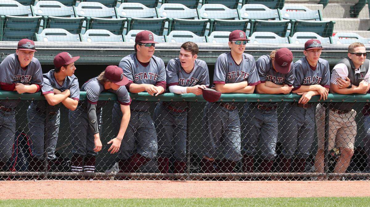 State College players and coaches look on from the dugout during the May 22 game against Altoona. The Little Lions won 7-3 in the District 6 Class 6A Championship at Peoples Natural Gas Field in Altoona, but their subregional game against Erie McDowell was postponed Thursday and will be made up Friday.