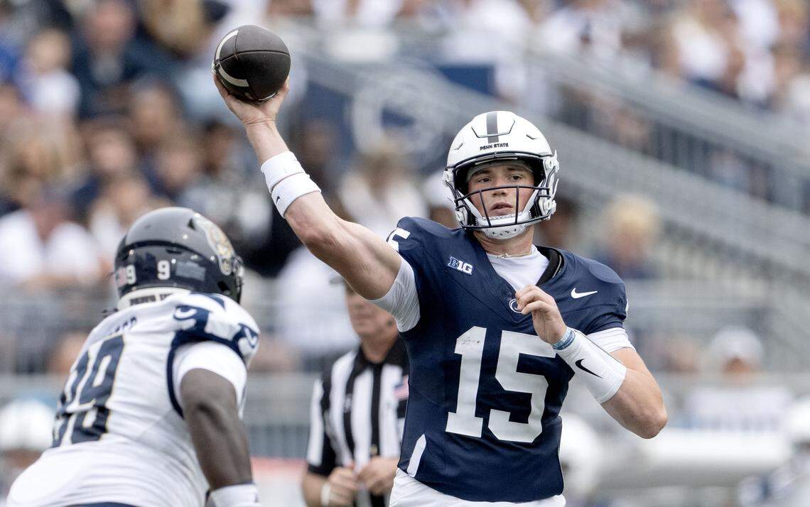 Penn State quarterback Drew Allar makes a pass during the game against FIU on Saturday, Sept. 6, 2025 at Beaver Stadium.
