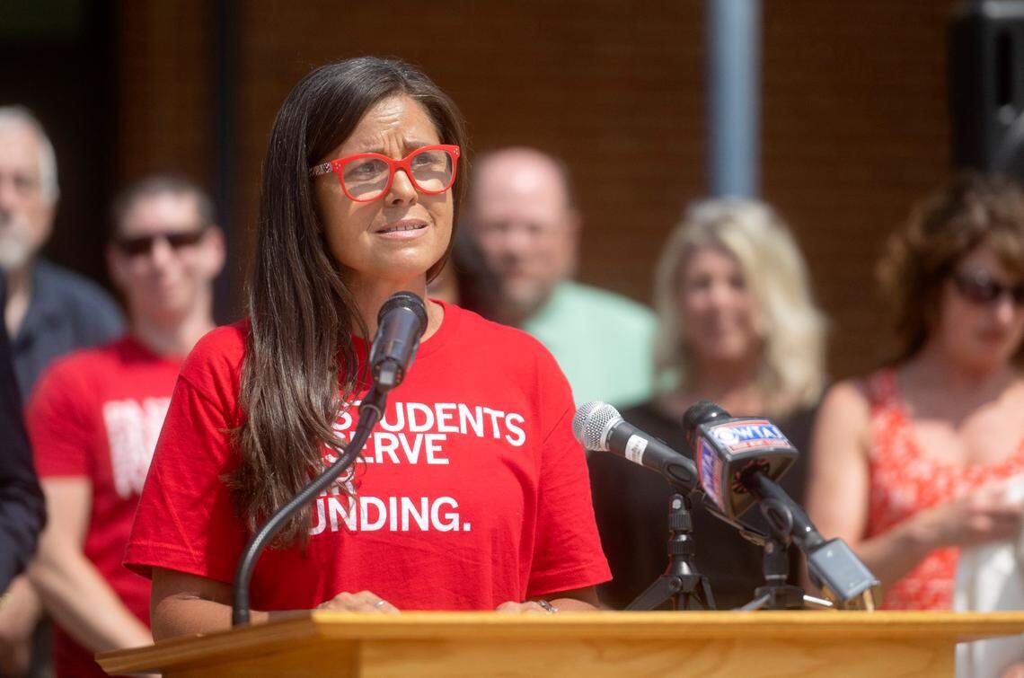 Bald Eagle Area teacher Jennifer Todd speaks during the rally to Save Our School hosted by the PA Democratic Policy Committee members on Wednesday, Aug. 2, 2023 at Bald Eagle Area High School.