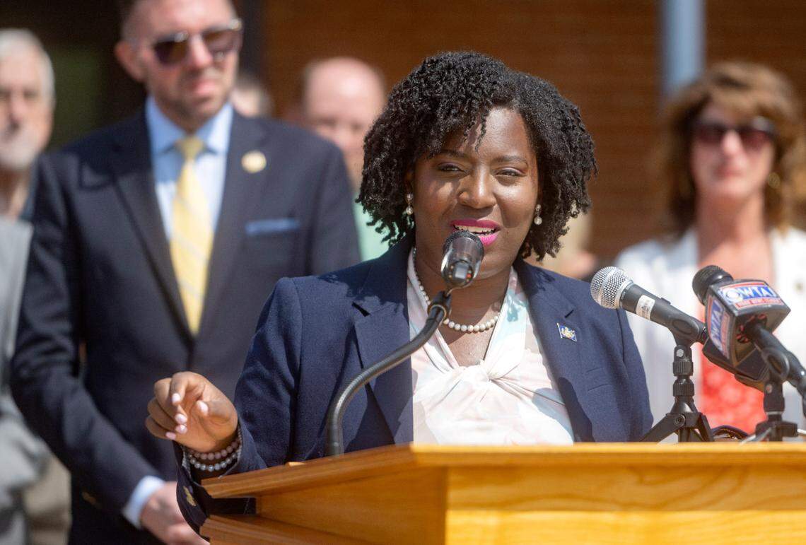 Speaker of the House Joanna McClinton speaks during the rally to Save Our School hosted by the PA Democratic Policy Committee members on Wednesday, Aug. 2, 2023 at Bald Eagle Area High School.