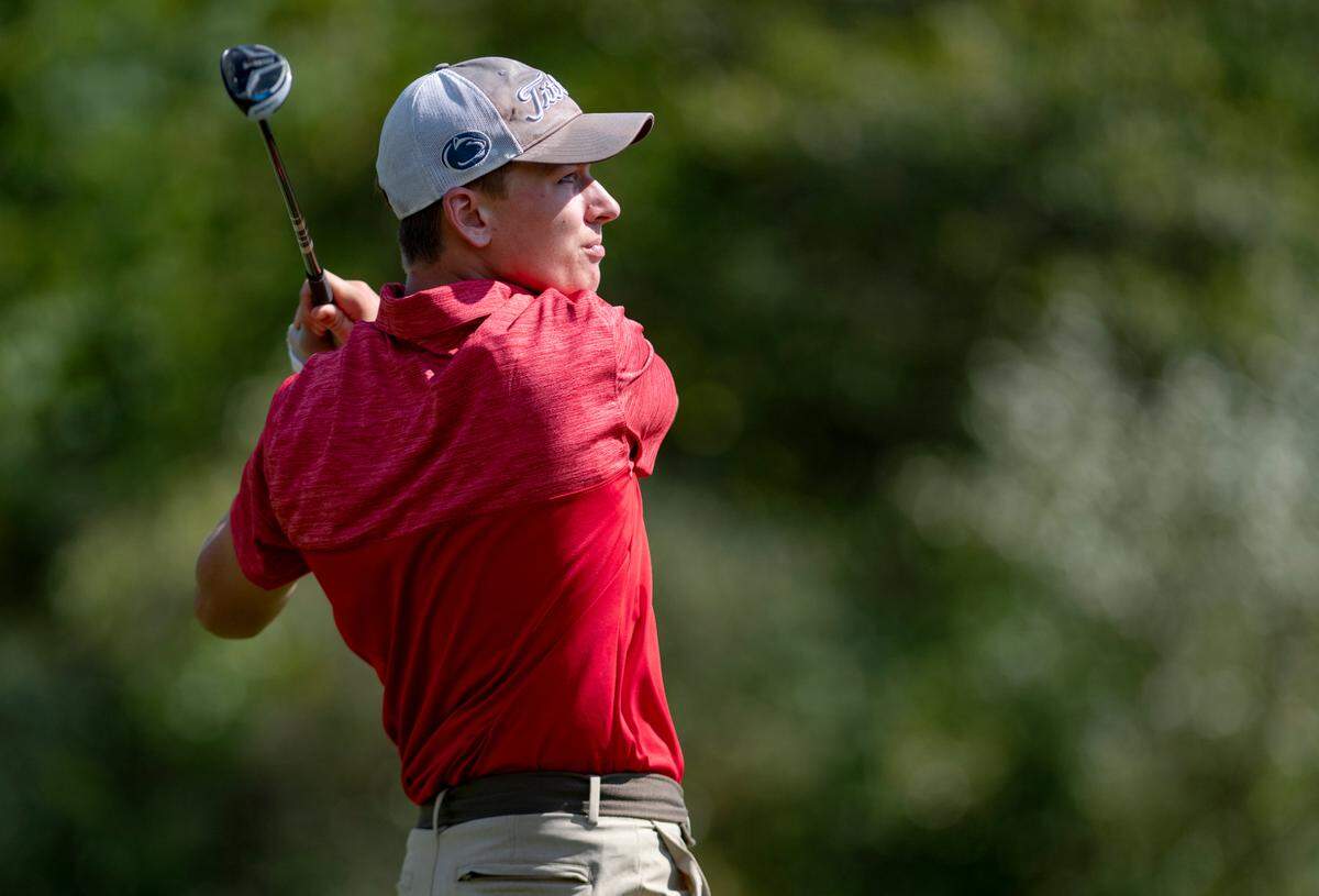 Bellefonte’s Keith Hamilton watches his ball as he tees off during a Mountain League match at Skytop Mountain Golf Club on Thursday, Aug. 27, 2020.