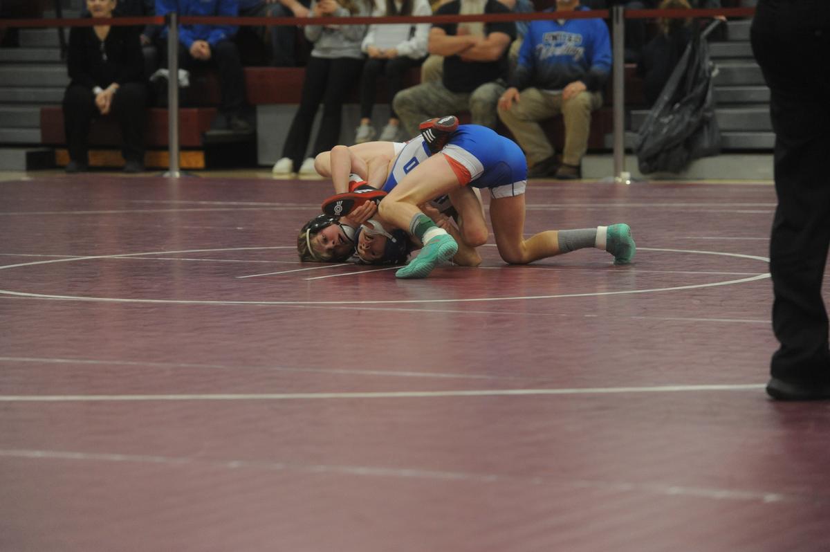 Bellefonte’s Wyatt Long controls United’s Jacob Sombronski in their 107-pound quarterfinals match of the District 6 Class 2A Championships on Friday, Feb. 17, 2023 in Altoona. Long fell to Sombronski, 2-0.