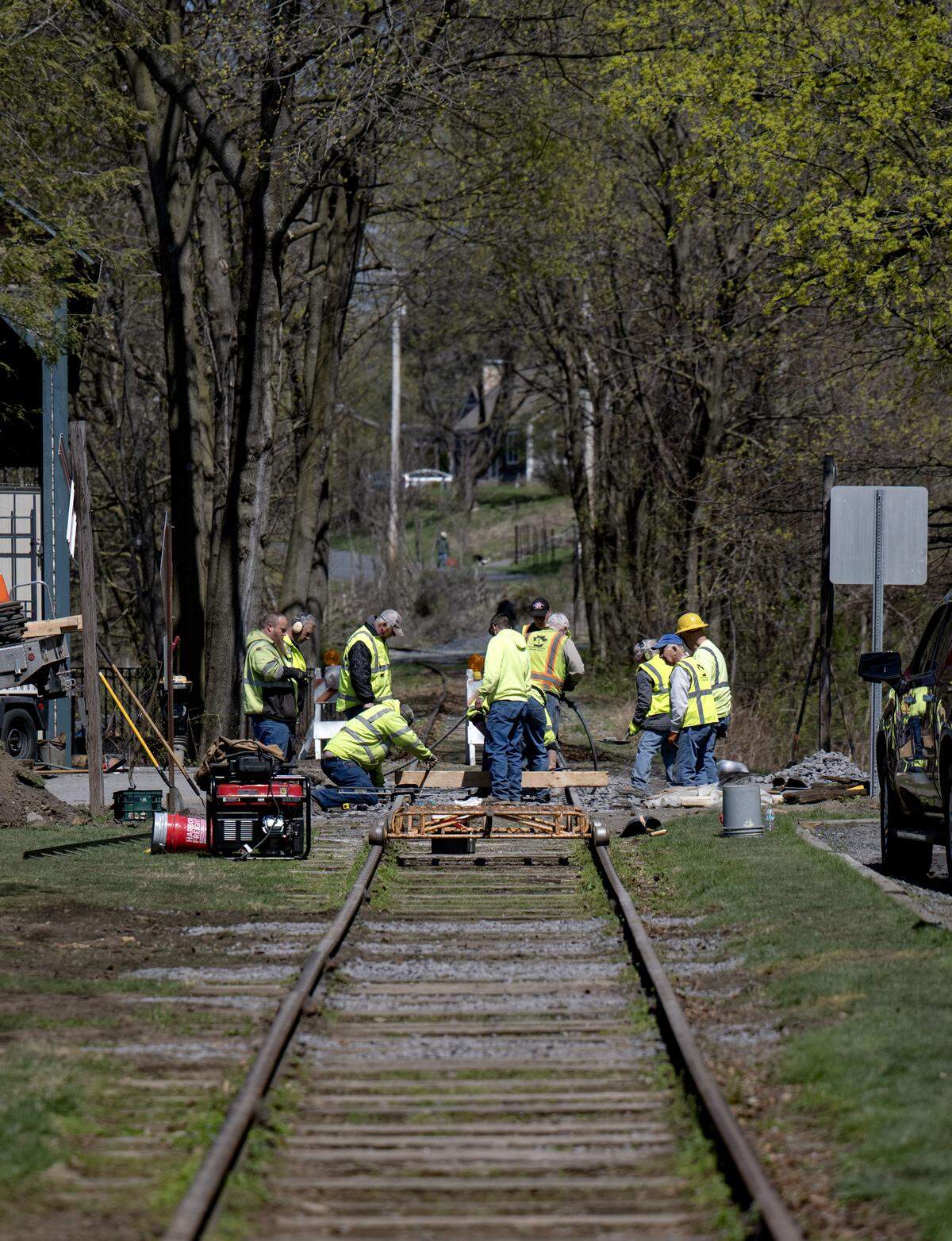 A portion of train tracks that cross Mount Nittany Drive are replaced on Wednesday, April 8, 2026.  