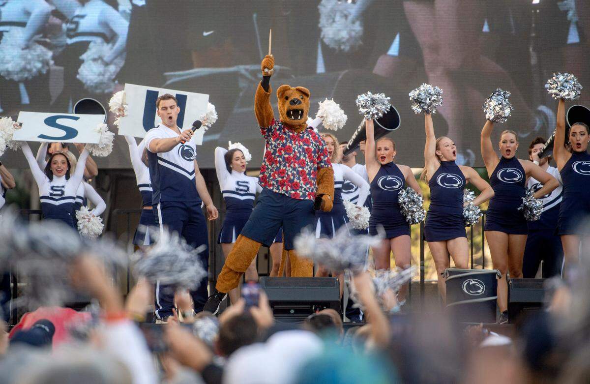 The Penn State Nittany Lion leads a chant during the pep rally at LA Live hosted by the Penn State Alumni Association on Sunday, Jan. 1, 2023.
