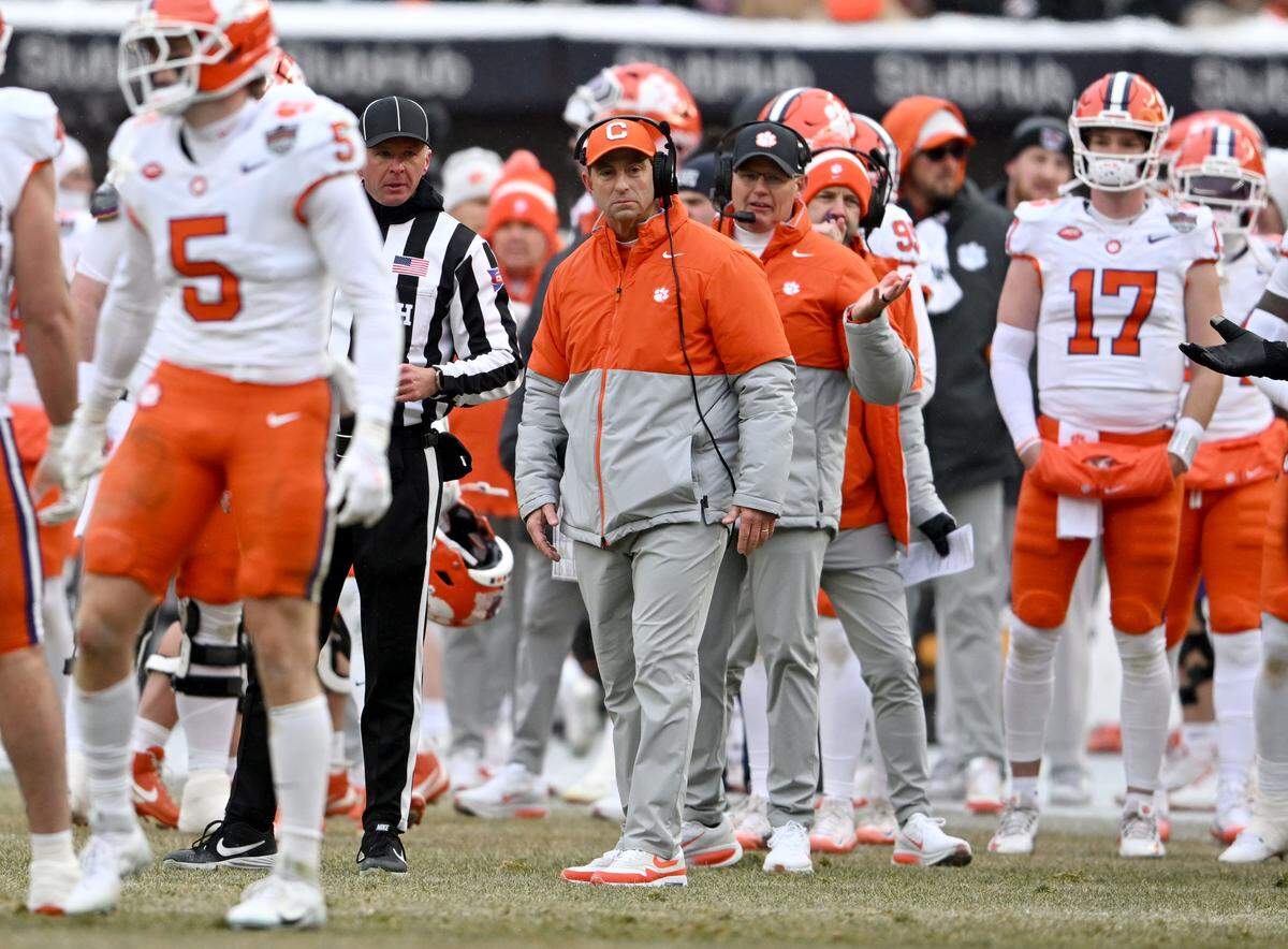 Clemson football coach Dabo Swinney reacts to a call during the Pinstripe Bowl against Penn State at Yankee Stadium on Saturday, Dec. 27, 2025.