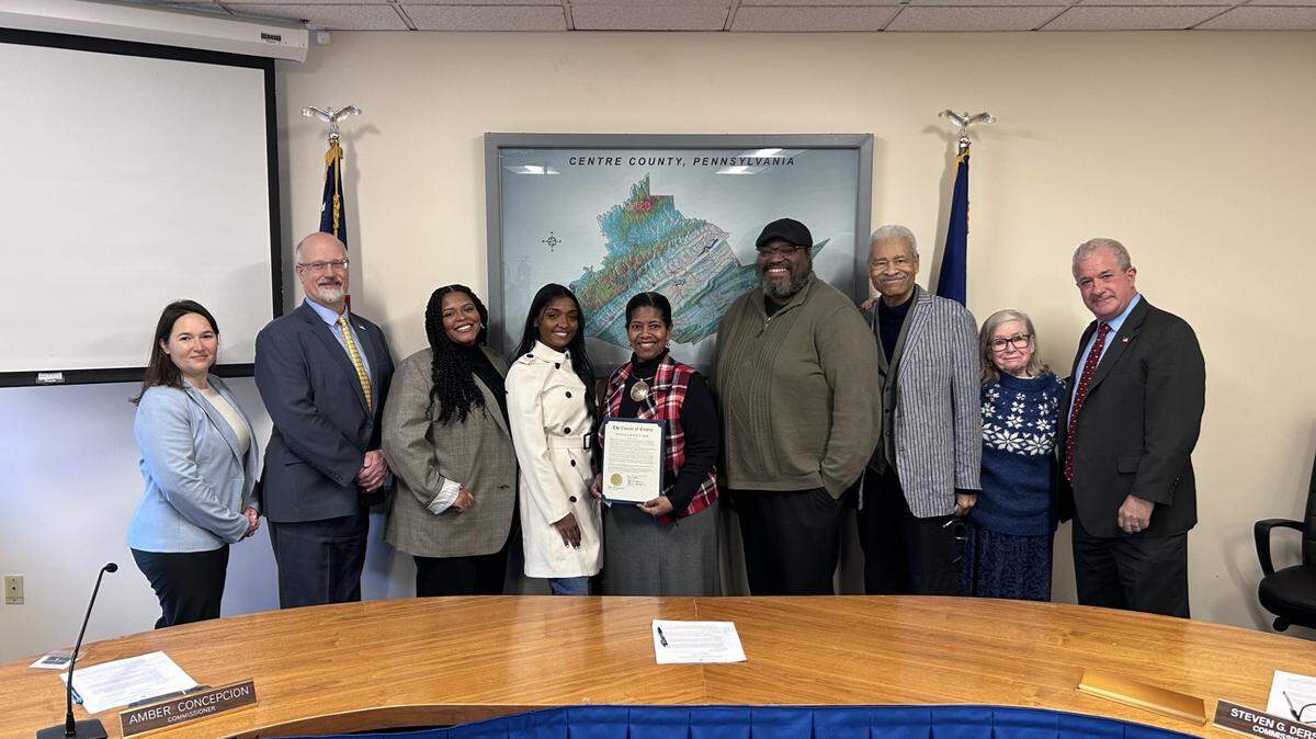 From left: Commissioner Amber Concepcion, Commissioner Chair Mark Higgins, Kesla Elmore, Carmin Wong, Leslie Laing, Terry Watson, Charles and Jo Dumas and Commissioner Steve Dershem pose after the Centre County Commissioners issued a proclamation naming February as Black History Month.