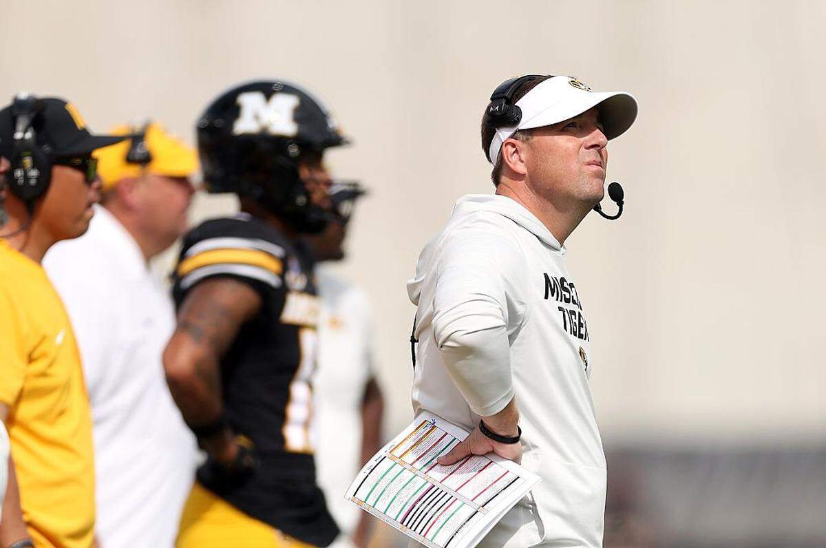COLUMBIA, MISSOURI - OCTOBER 11: Head coach Eli Drinkwitz of the Missouri Tigers watches from the sidelines during the game against the Alabama Crimson Tide at Faurot Field at Memorial Stadium on October 11, 2025 in Columbia, Missouri. (Photo by Jamie Squire/Getty Images)