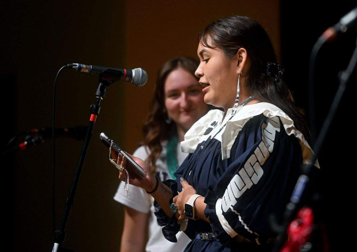 A Penn State student from the Indigenous Peoples’ Student Association reads the Penn State Acknowledgment of Land during the Indigenous Peoples Day Feast on Monday, Oct. 9, 2023 at the HUB Robeson Center.